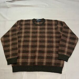 VTG Polo Ralph Lauren Men XL Plaid Check Crew Neck Sweater 100% Wool Brown-4532